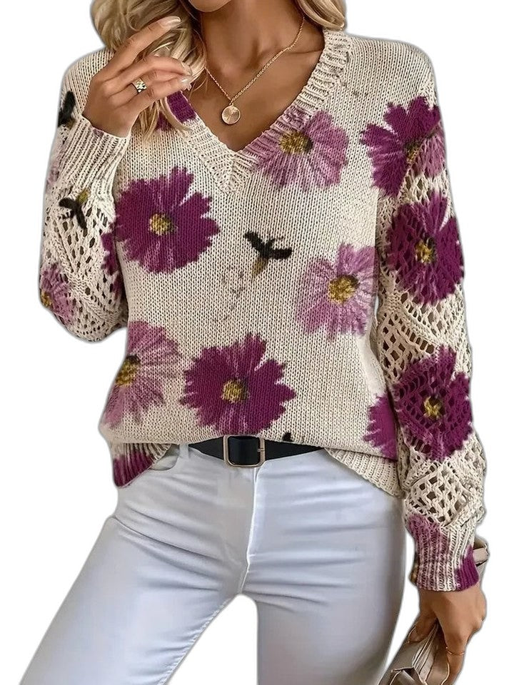 Effortless Floral Sweater for Women with V Neck Long Sleeve Casual Style