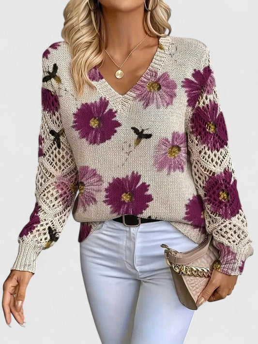 Effortless Floral Sweater for Women with V Neck Long Sleeve Casual Style
