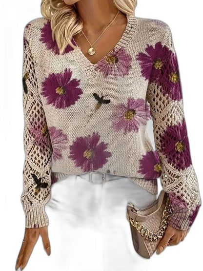 Effortless Floral Sweater for Women with V Neck Long Sleeve Casual Style