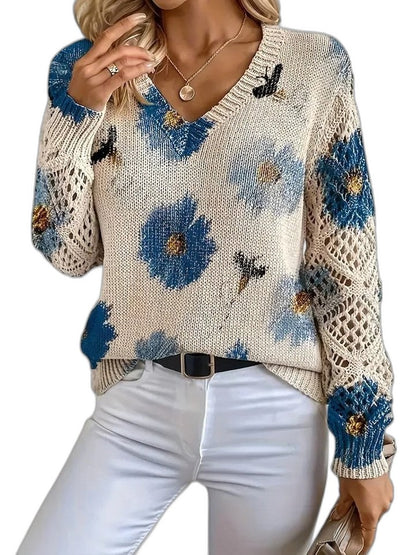 Effortless Floral Sweater for Women with V Neck Long Sleeve Casual Style