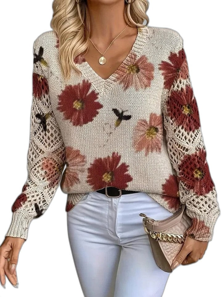 Effortless Floral Sweater for Women with V Neck Long Sleeve Casual Style