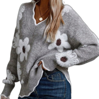 Effortless Floral Sweater for Women with V Neck Long Sleeve Oversized Casual Style
