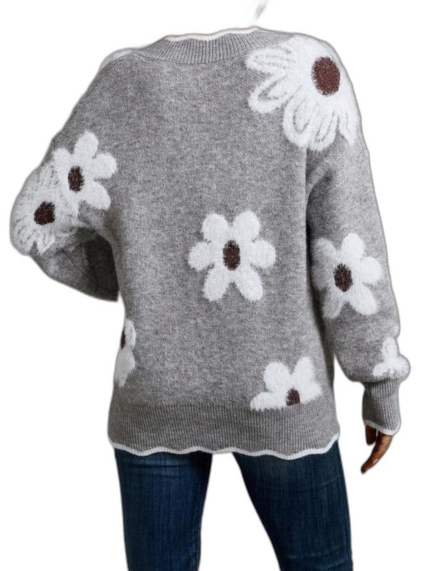 Effortless Floral Sweater for Women with V Neck Long Sleeve Oversized Casual Style