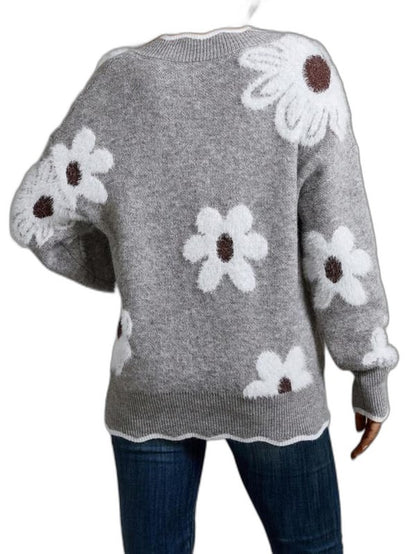 Effortless Floral Sweater for Women with V Neck Long Sleeve Oversized Casual Style
