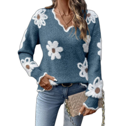 Effortless Floral Sweater for Women with V Neck Long Sleeve Oversized Casual Style