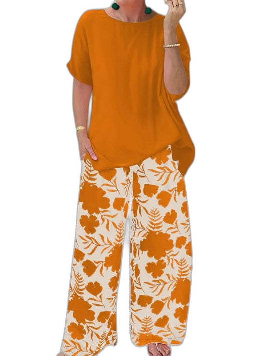 Effortless Floral Two Piece Set for Women with Crew Neck Wide Leg Casual Style