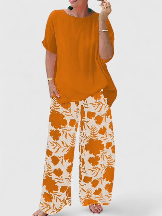Effortless Floral Two Piece Set for Women with Crew Neck Wide Leg Casual Style