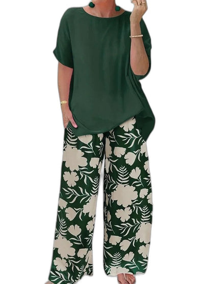Effortless Floral Two Piece Set for Women with Crew Neck Wide Leg Casual Style