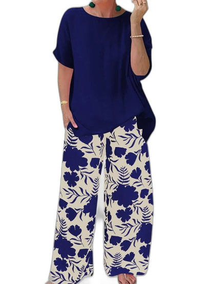 Effortless Floral Two Piece Set for Women with Crew Neck Wide Leg Casual Style