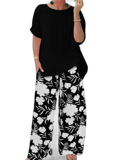 Effortless Floral Two Piece Set for Women with Crew Neck Wide Leg Casual Style