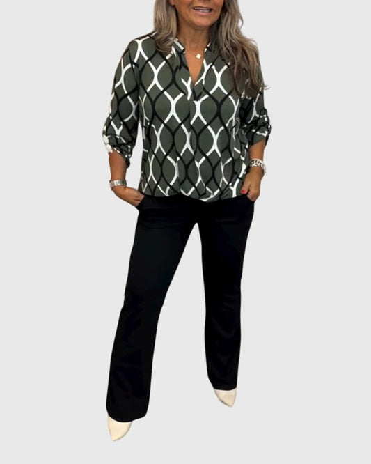 Effortless Geometric Blouse for Women with Collared Long Sleeve Button Front Casual Style