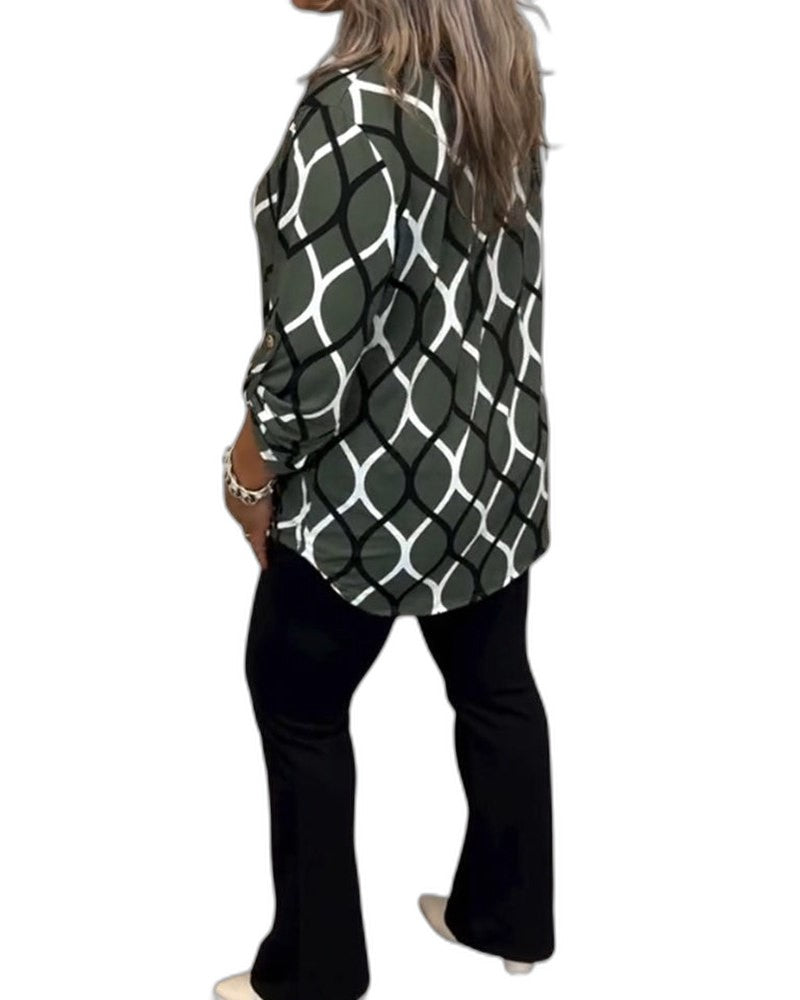 Effortless Geometric Blouse for Women with Collared Long Sleeve Button Front Casual Style