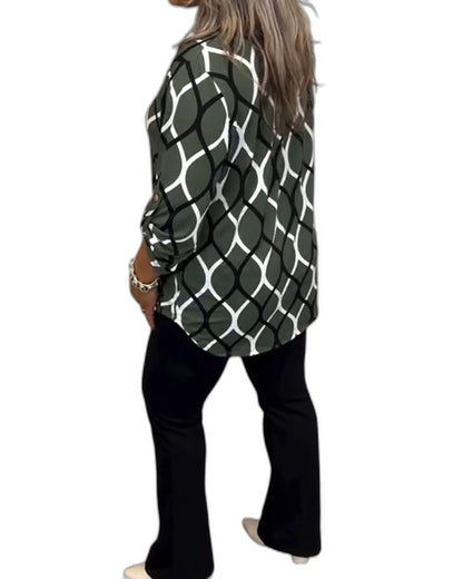 Effortless Geometric Blouse for Women with Collared Long Sleeve Button Front Casual Style
