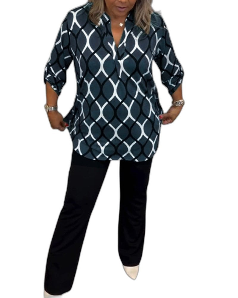 Effortless Geometric Blouse for Women with Collared Long Sleeve Button Front Casual Style
