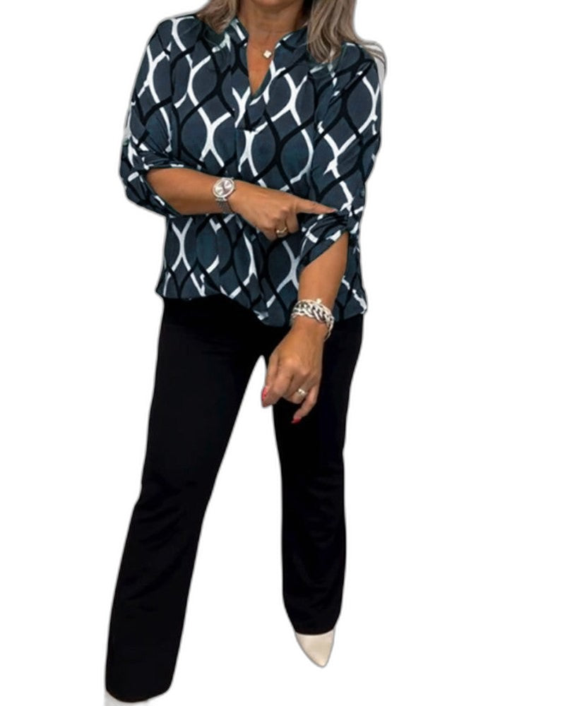 Effortless Geometric Blouse for Women with Collared Long Sleeve Button Front Casual Style