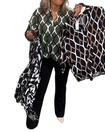Effortless Geometric Blouse for Women with Collared Long Sleeve Button Front Casual Style