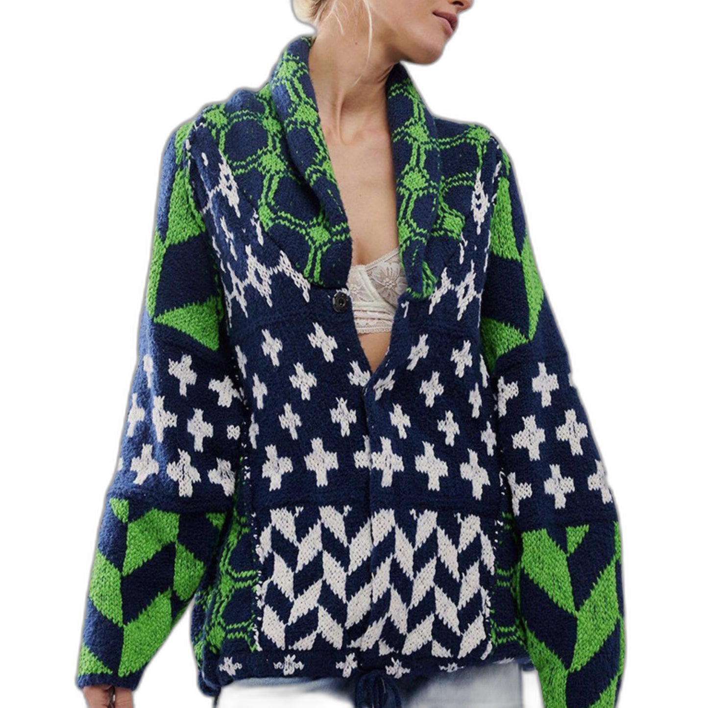 Effortless Geometric Cardigan Sweater for Women with Long Sleeve Oversized Casual Style