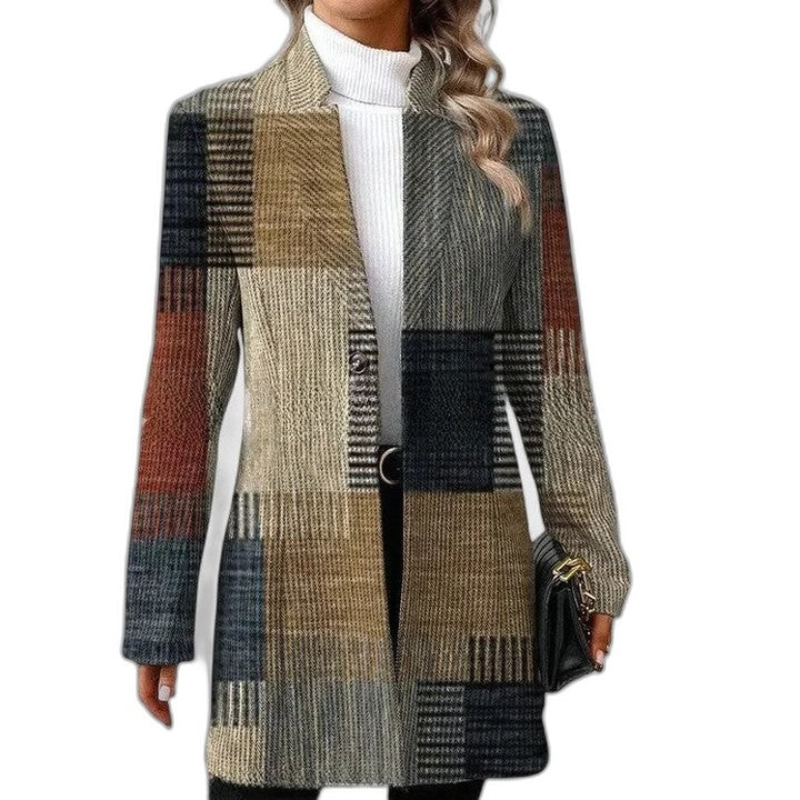 Effortless Geometric Coat for Women with Collared Long Sleeve Casual Style