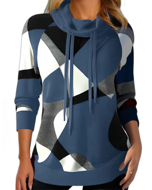 Effortless Geometric Hoodie for Women with High Neck Long Sleeve Drawstring Oversized Casual Style