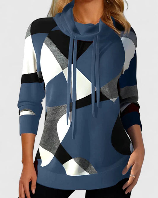 Effortless Geometric Hoodie for Women with High Neck Long Sleeve Drawstring Oversized Casual Style