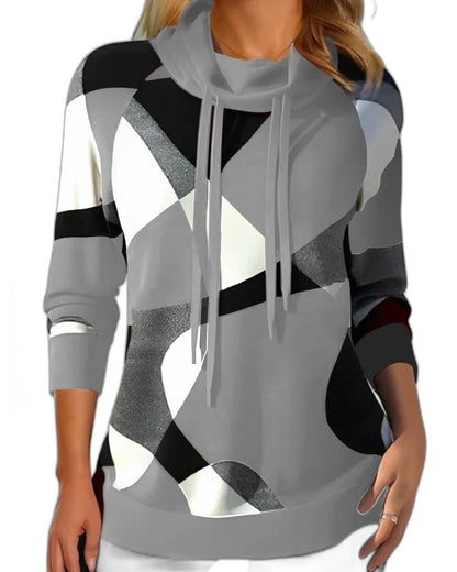 Effortless Geometric Hoodie for Women with High Neck Long Sleeve Drawstring Oversized Casual Style