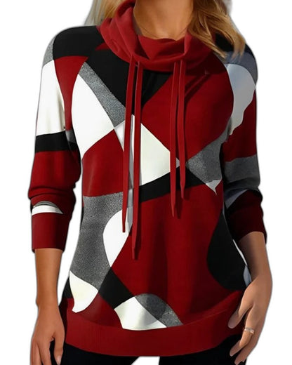 Effortless Geometric Hoodie for Women with High Neck Long Sleeve Drawstring Oversized Casual Style