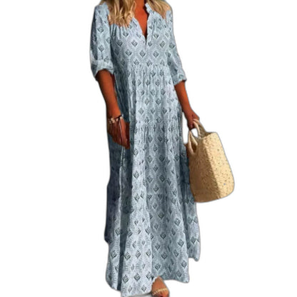 Effortless Geometric Maxi Dress for Women with V Neck Elbow Sleeve Flowing Casual Style