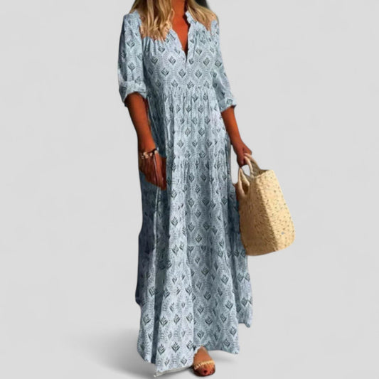 Effortless Geometric Maxi Dress for Women with V Neck Elbow Sleeve Flowing Casual Style