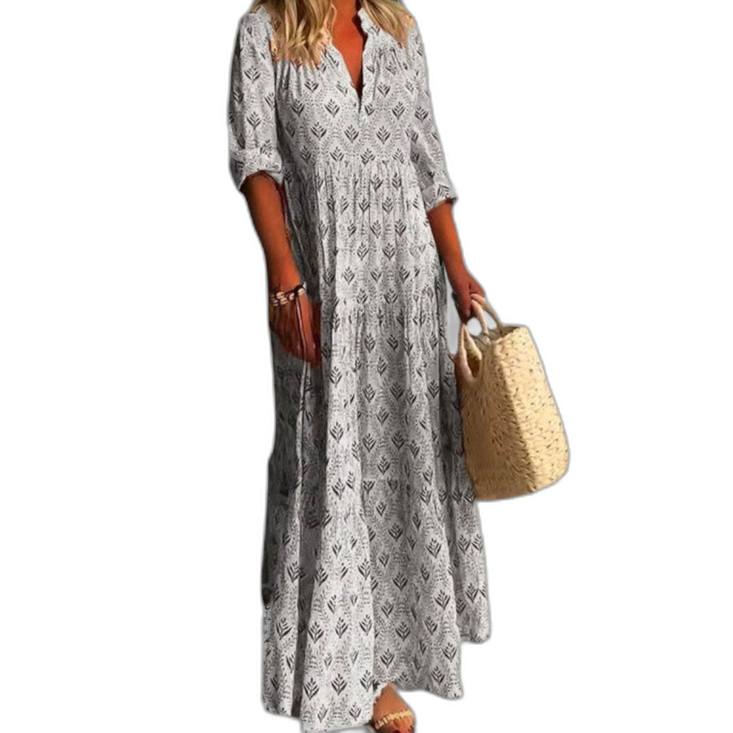 Effortless Geometric Maxi Dress for Women with V Neck Elbow Sleeve Flowing Casual Style