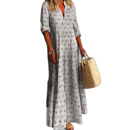 Effortless Geometric Maxi Dress for Women with V Neck Elbow Sleeve Flowing Casual Style