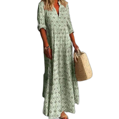Effortless Geometric Maxi Dress for Women with V Neck Elbow Sleeve Flowing Casual Style