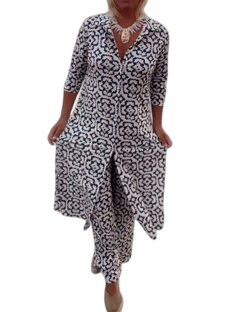 Effortless Geometric Maxi Dress for Women with V Neck Short Sleeve Button Front Flowing Casual Style