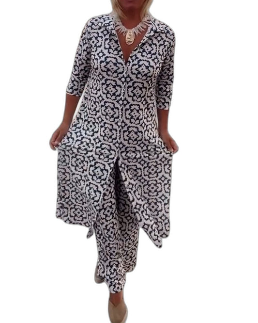 Effortless Geometric Maxi Dress for Women with V Neck Short Sleeve Button Front Flowing Casual Style