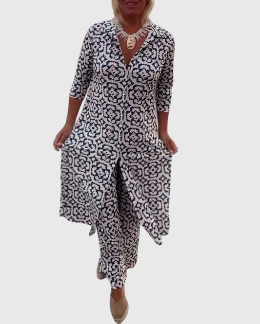 Effortless Geometric Maxi Dress for Women with V Neck Short Sleeve Button Front Flowing Casual Style