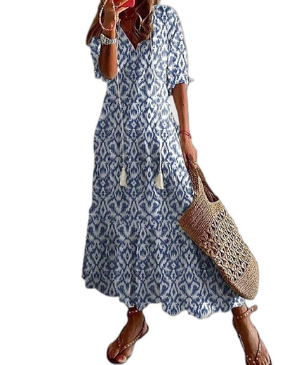 Effortless Geometric Maxi Dress for Women with V Neck Short Sleeve Flowing Casual Style