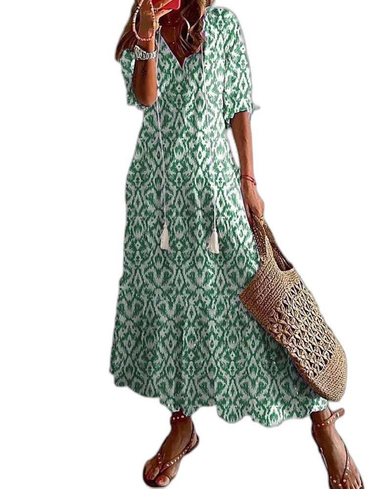 Effortless Geometric Maxi Dress for Women with V Neck Short Sleeve Flowing Casual Style