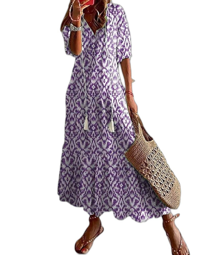 Effortless Geometric Maxi Dress for Women with V Neck Short Sleeve Flowing Casual Style