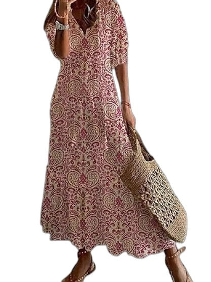 Effortless Geometric Maxi Dress for Women with V Neck Short Sleeve Flowing Casual Style