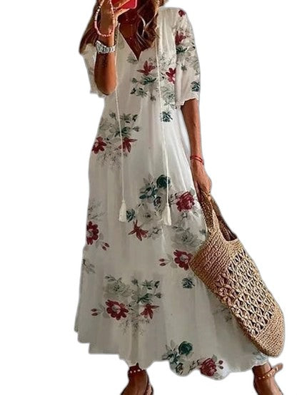 Effortless Geometric Maxi Dress for Women with V Neck Short Sleeve Flowing Casual Style
