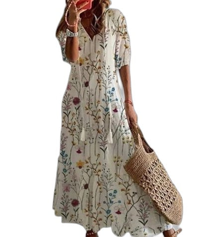Effortless Geometric Maxi Dress for Women with V Neck Short Sleeve Flowing Casual Style