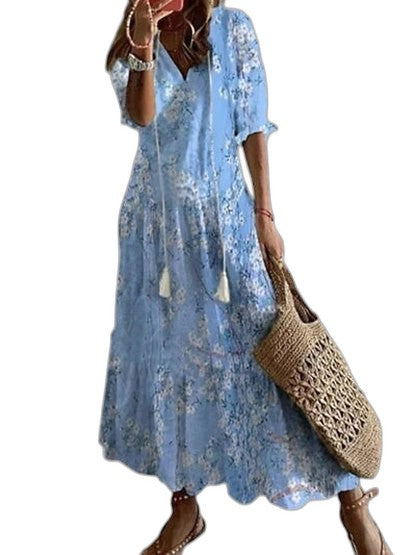 Effortless Geometric Maxi Dress for Women with V Neck Short Sleeve Flowing Casual Style