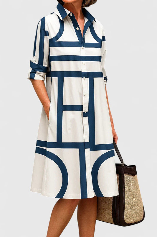 Effortless Geometric Midi Dress for Women with Collared Elbow Sleeve A Line Button Front Casual Style