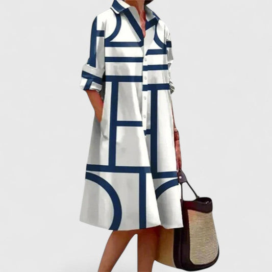 Effortless Geometric Midi Dress for Women with Collared Elbow Sleeve Button Front Flowing Casual Style
