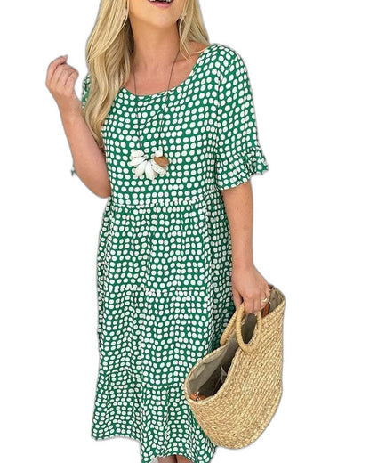Effortless Geometric Midi Dress for Women with Crew Neck Short Sleeve Tiered Ruffle Flowing Casual Style