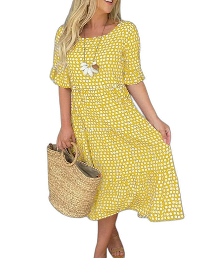 Effortless Geometric Midi Dress for Women with Crew Neck Short Sleeve Tiered Ruffle Flowing Casual Style