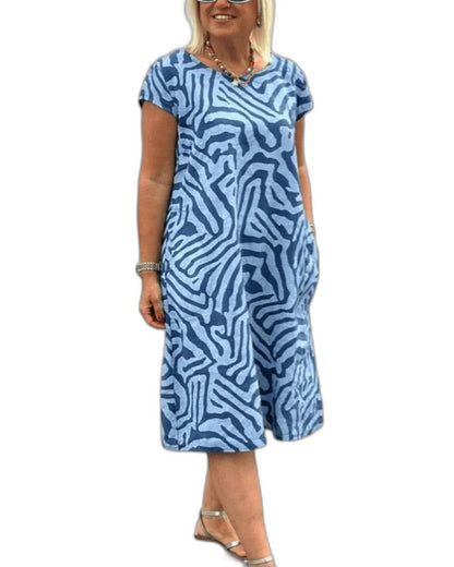 Effortless Geometric Midi Dress for Women with Crew Neck Sleeveless Flowing Pockets Casual Style