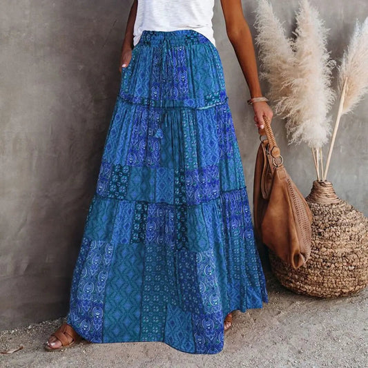 Effortless Geometric Midi Skirt for Women with Tiered High Waisted Pockets Casual Style