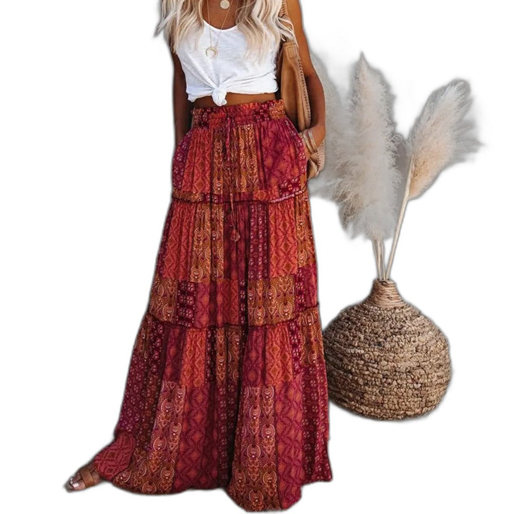 Effortless Geometric Midi Skirt for Women with Tiered High Waisted Pockets Casual Style