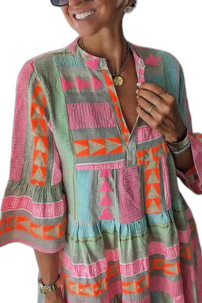 Effortless Geometric Mini Dress for Women with V Neck Bell Sleeve Tiered Flowing Casual Style
