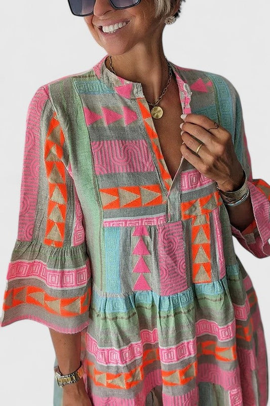 Effortless Geometric Mini Dress for Women with V Neck Bell Sleeve Tiered Flowing Casual Style